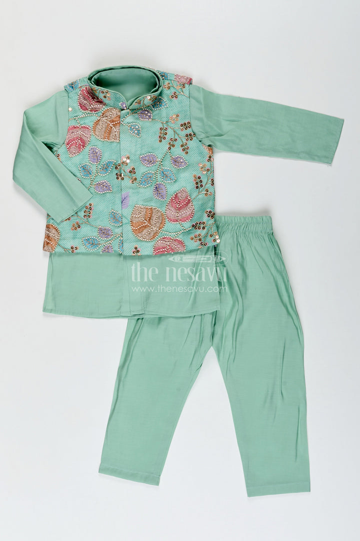 The Nesavu Boys Kurtha Set Boys kurta set with embroidered jacket for weddings and special occasions Nesavu Nesavu boys kurta set designer floral embroidered jacket  wedding event wear