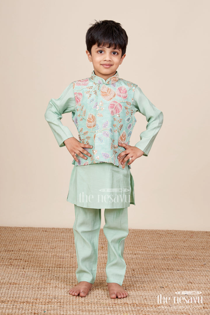 The Nesavu Boys Kurtha Set Boys Kurta Set with Embroidered Jacket for Weddings and Special Occasions Nesavu Nesavu boys kurta set designer floral embroidered jacket  wedding event wear