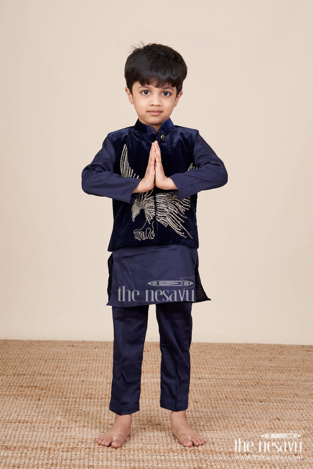 The Nesavu Boys Kurtha Set Boys Kurta Set with Embroidered Velvet Jacket for Festive Family Functions Nesavu 14 (6M) / Blue BES905A-14 Nesavu boys kurta set embroidered velvet jacket  perfect festive weddings receptions