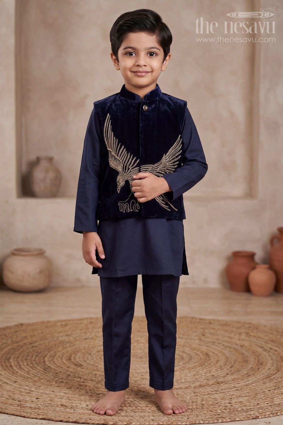 The Nesavu Boys Kurtha Set Boys Kurta Set with Embroidered Velvet Jacket for Festive Family Functions Nesavu 14 (6M) / Blue BES905A-14 Nesavu boys kurta set embroidered velvet jacket  perfect festive weddings receptions