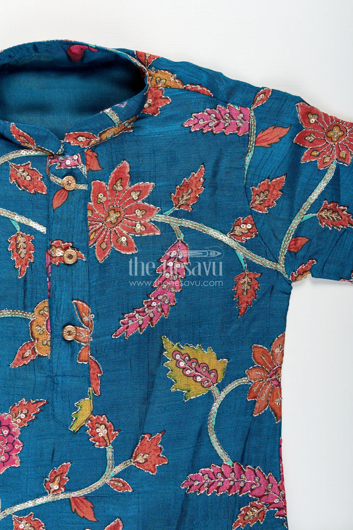The Nesavu Boys Kurtha Set Boys kurta set with embroidery for festivals and formal occasions Nesavu Nesavu boys embroidered kurta pajama set tissue silk weddings poojas