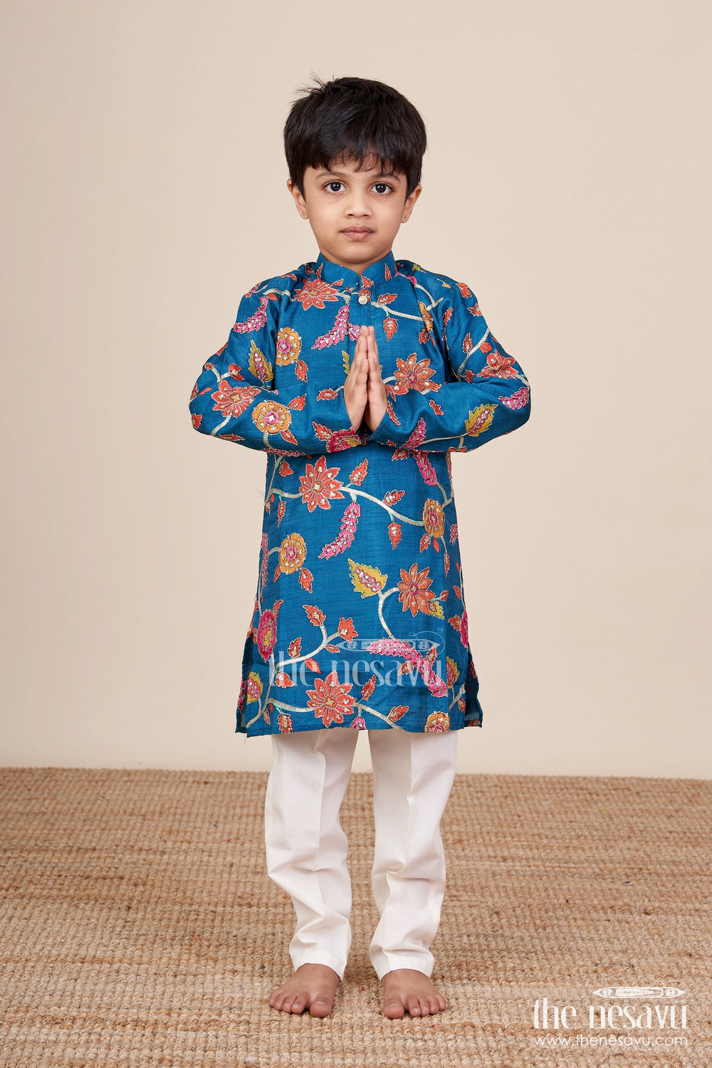 The Nesavu Boys Kurtha Set Boys Kurta Set with Embroidery for Festivals and Formal Occasions Nesavu Nesavu boys embroidered kurta pajama set tissue silk weddings poojas