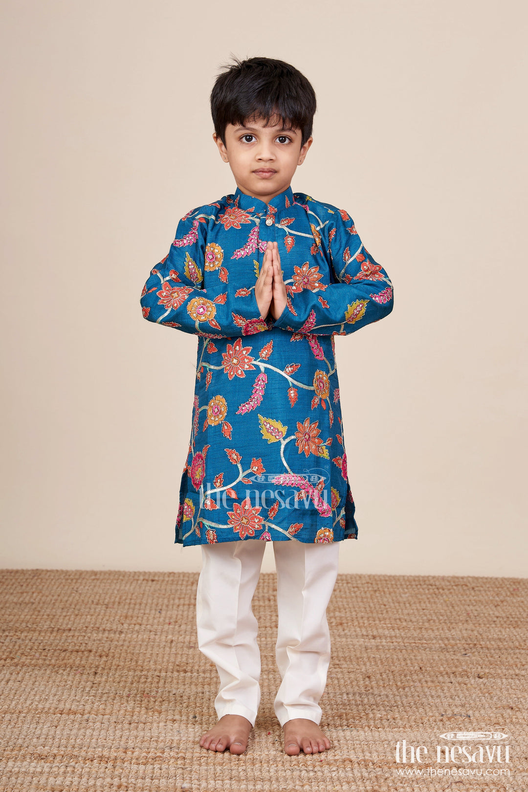 The Nesavu Boys Kurtha Set Boys Kurta Set with Embroidery for Festivals and Formal Occasions Nesavu Nesavu boys embroidered kurta pajama set tissue silk weddings poojas