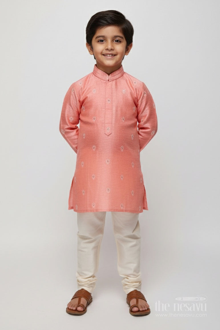 The Nesavu Boys Kurtha Set Boys Kurta Set with Embroidery for Wedding and Festive Occasions Nesavu 18 (2Y) / Pink BES763A-18 Nesavu boys kurta set embroidered blend silk cotton weddings festive celebrations