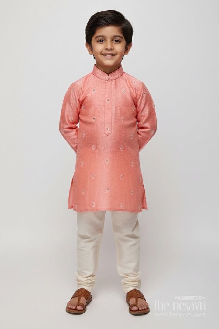 The Nesavu Boys Kurtha Set Boys Kurta Set with Embroidery for Wedding and Festive Occasions Nesavu 18 (2Y) / Pink BES763A-18 Nesavu boys kurta set embroidered blend silk cotton weddings festive celebrations