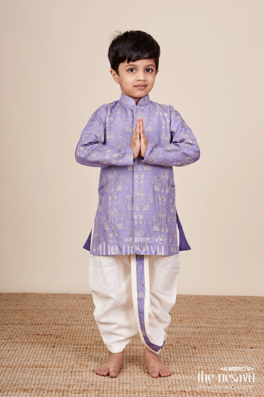 The Nesavu Boys Kurtha Set Boys Kurta Set with Embroidery for Weddings and Festive Functions Nesavu 14 (6M) / Purple BES776C-14 Nesavu boys embroidered kurta dothi set silk blend  ideal weddings festive occasions