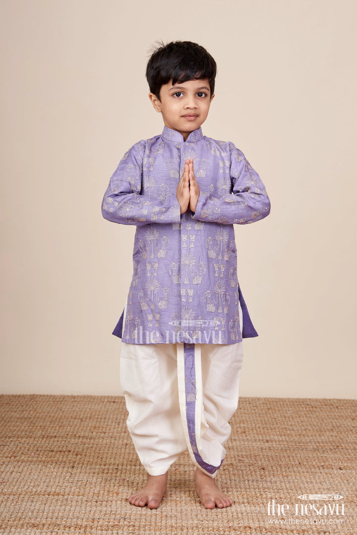 The Nesavu Boys Kurtha Set Boys Kurta Set with Embroidery for Weddings and Festive Functions Nesavu 14 (6M) / Purple BES776C-14 Nesavu boys embroidered kurta dothi set silk blend  ideal weddings festive occasions