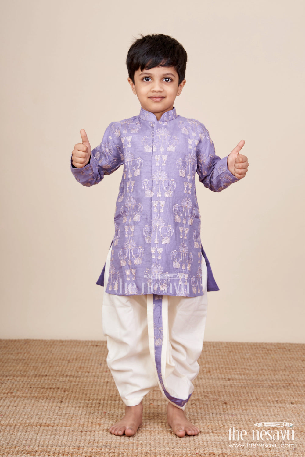 The Nesavu Boys Kurtha Set Boys Kurta Set with Embroidery for Weddings and Festive Functions Nesavu Nesavu boys embroidered kurta dothi set silk blend  ideal weddings festive occasions
