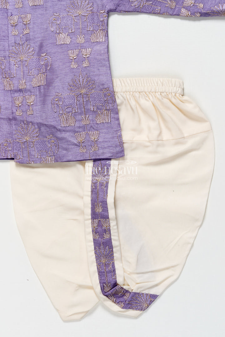 The Nesavu Boys Kurtha Set Boys Kurta Set with Embroidery for Weddings and Festive Functions Nesavu Nesavu boys embroidered kurta dothi set silk blend  ideal weddings festive occasions