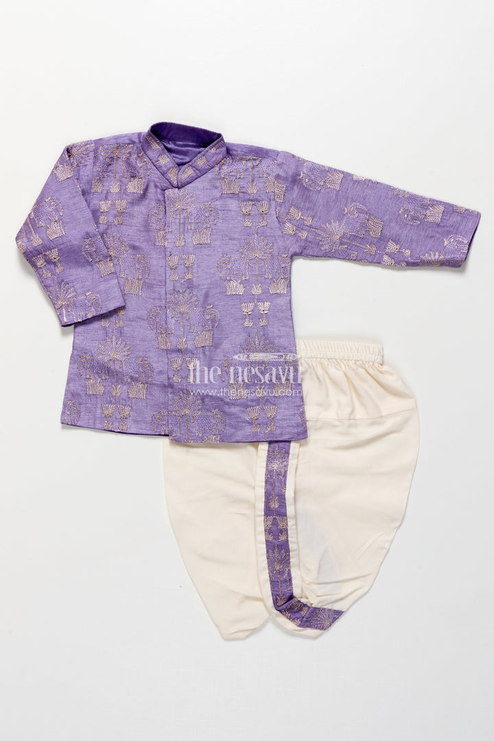 The Nesavu Boys Kurtha Set Boys Kurta Set with Embroidery for Weddings and Festive Functions Nesavu Nesavu boys embroidered kurta dothi set silk blend  ideal weddings festive occasions