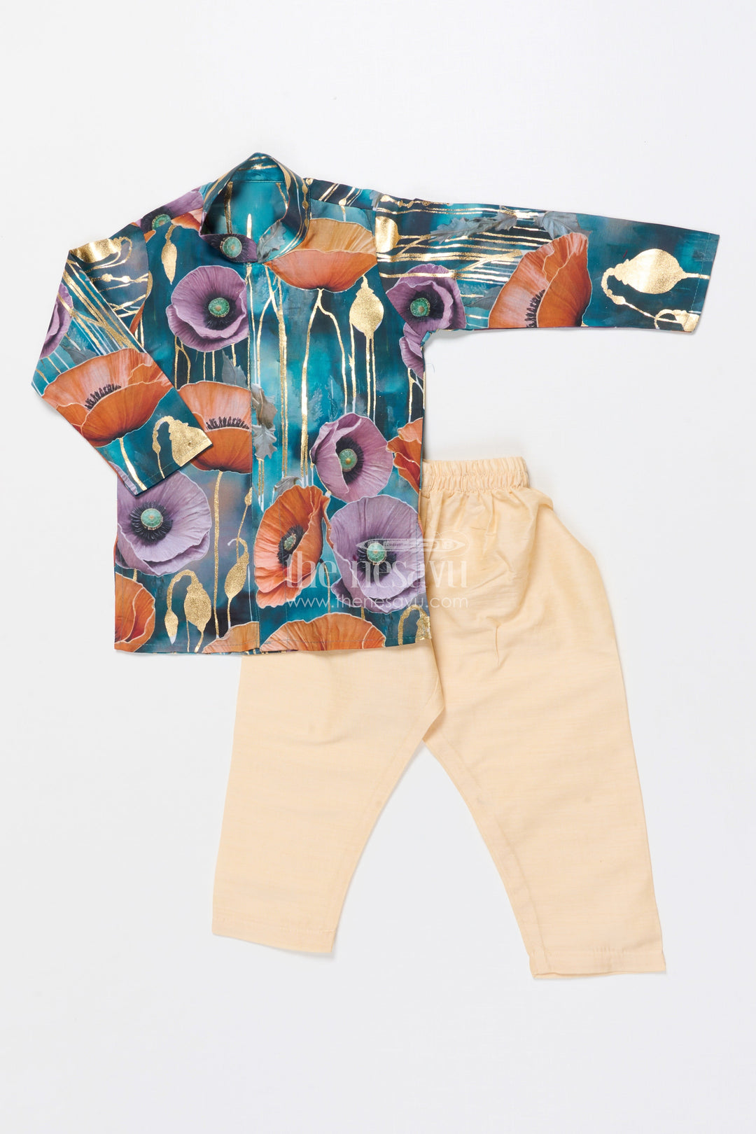 The Nesavu Boys Kurtha Set Boys Kurta Set with Foil Print for Festive Functions and Ethnic Day Nesavu 14 (6M) / Orange BES842A-14 Nesavu boys kurta set floral foil print festive ethnic wear weddings cultural events