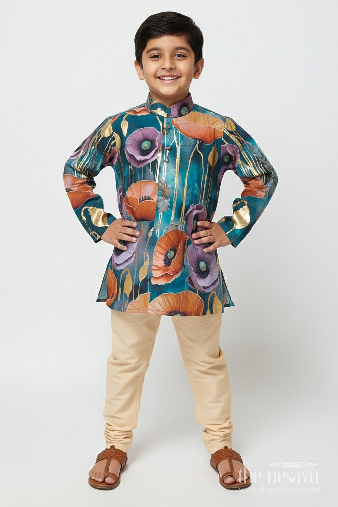 The Nesavu Boys Kurtha Set Boys Kurta Set with Foil Print for Festive Functions and Ethnic Day Nesavu 14 (6M) / Orange BES842A-14 Nesavu boys kurta set floral foil print festive ethnic wear weddings cultural events