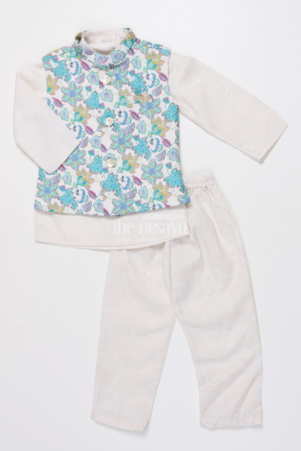 The Nesavu Boys Jacket Sets Boys Kurta Set with Jacket for Weddings and Festive Celebrations Nesavu 14 (6M) / Green BES926B-14 Nesavu boys silk kurta set sleeveless embroidered jacket perfect weddings ethnic events