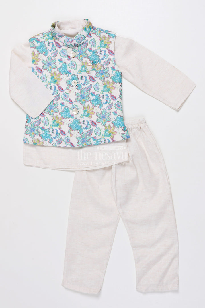 The Nesavu Boys Jacket Sets Boys Kurta Set with Jacket for Weddings and Festive Celebrations Nesavu 14 (6M) / Green BES926B-14 Nesavu boys silk kurta set sleeveless embroidered jacket perfect weddings ethnic events