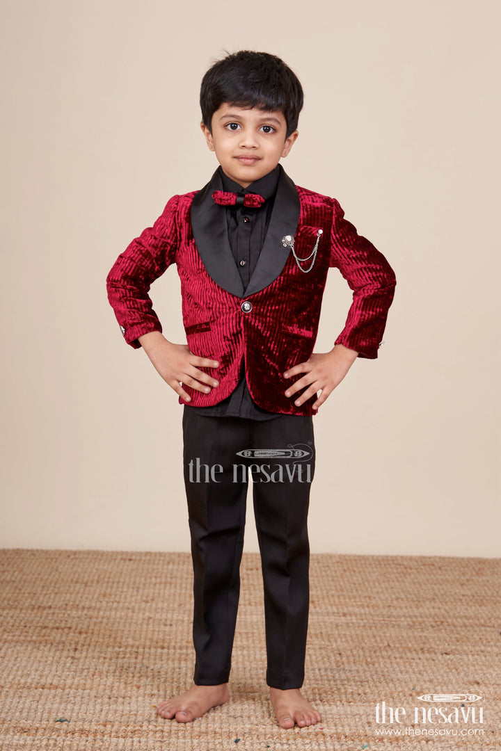 The Nesavu Boys Kurtha Set Boys Kurta Set with Velvet Satin Jacket for Weddings and Stage Events Nesavu Nesavu boys kurta set velvet satin jacket brooch birthday parties weddings