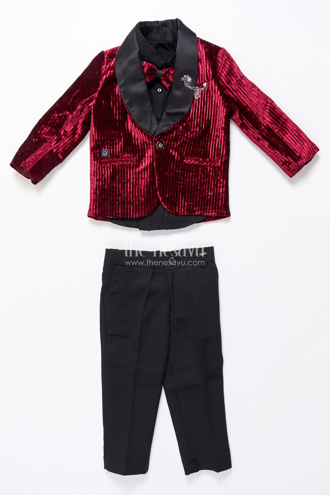 The Nesavu Boys Kurtha Set Boys Kurta Set with Velvet Satin Jacket for Weddings and Stage Events Nesavu Nesavu boys kurta set velvet satin jacket brooch birthday parties weddings