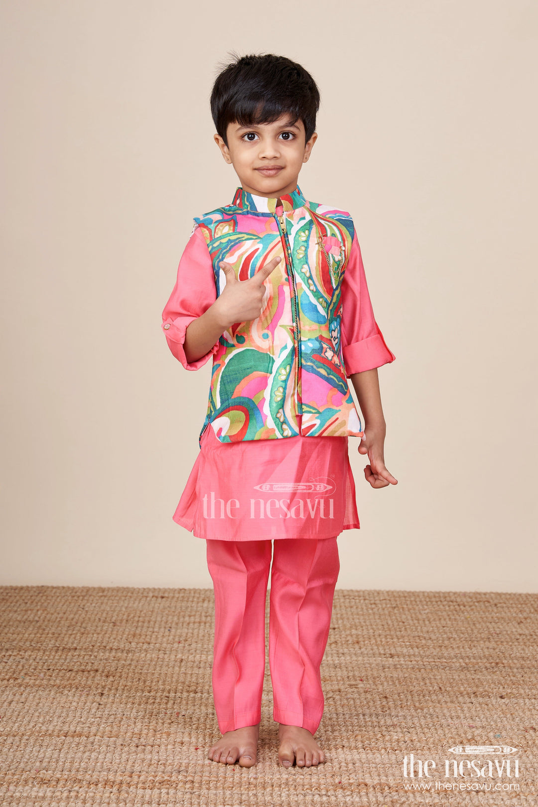 The Nesavu Boys Kurtha Set Boys Kurta Set with Vibrant Printed Jacket for Weddings and Festive Events Nesavu 16 (1Y) / Pink BES906A-16 Nesavu boys kurta set vibrant cotton printed jacket weddings celebrations