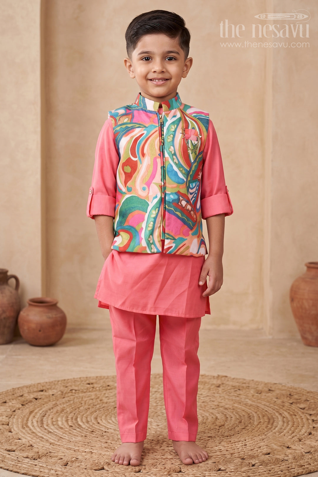 The Nesavu Boys Kurtha Set Boys Kurta Set with Vibrant Printed Jacket for Weddings and Festive Events Nesavu 16 (1Y) / Pink BES906A-16 Nesavu boys kurta set vibrant cotton printed jacket weddings celebrations