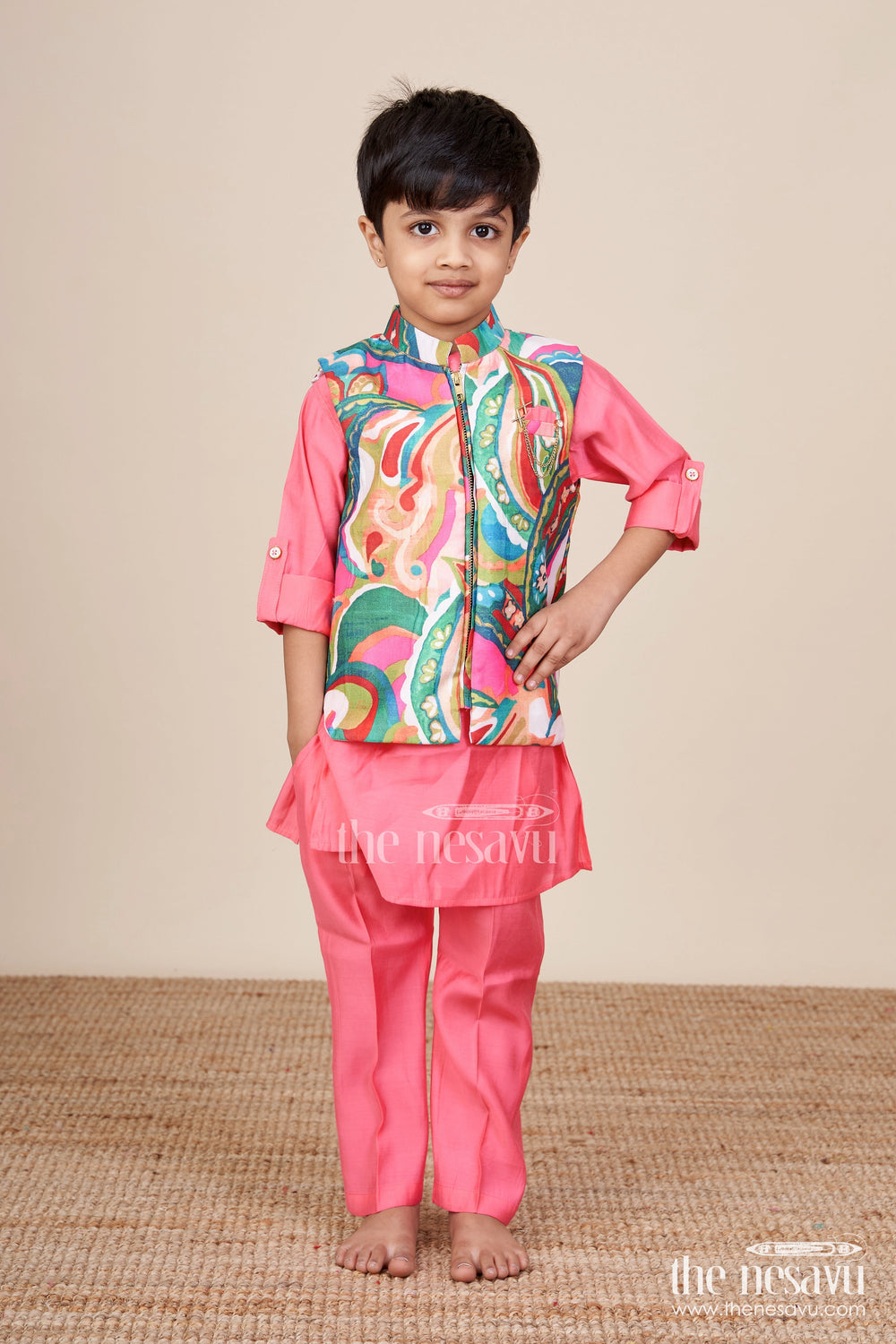 The Nesavu Boys Kurtha Set Boys Kurta Set with Vibrant Printed Jacket for Weddings and Festive Events Nesavu Nesavu boys kurta set vibrant cotton printed jacket weddings celebrations