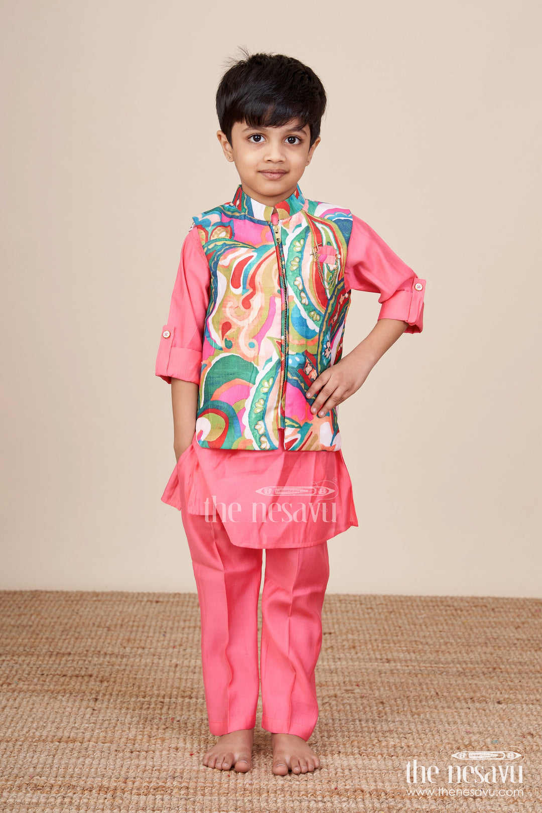 The Nesavu Boys Kurtha Set Boys Kurta Set with Vibrant Printed Jacket for Weddings and Festive Events Nesavu Nesavu boys kurta set vibrant cotton printed jacket weddings celebrations