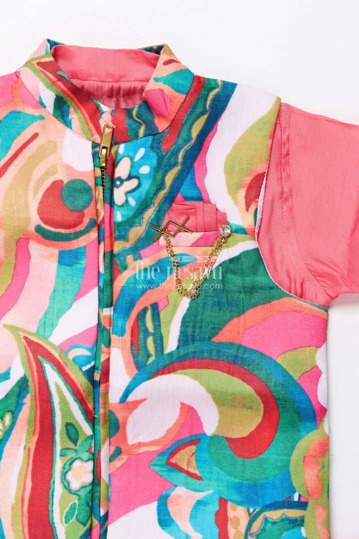 The Nesavu Boys Kurtha Set Boys Kurta Set with Vibrant Printed Jacket for Weddings and Festive Events Nesavu Nesavu boys kurta set vibrant cotton printed jacket weddings celebrations