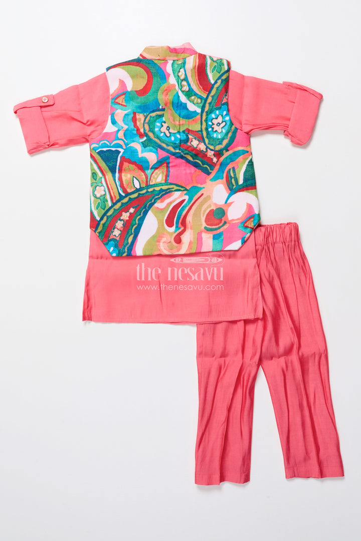 The Nesavu Boys Kurtha Set Boys Kurta Set with Vibrant Printed Jacket for Weddings and Festive Events Nesavu Nesavu boys kurta set vibrant cotton printed jacket weddings celebrations