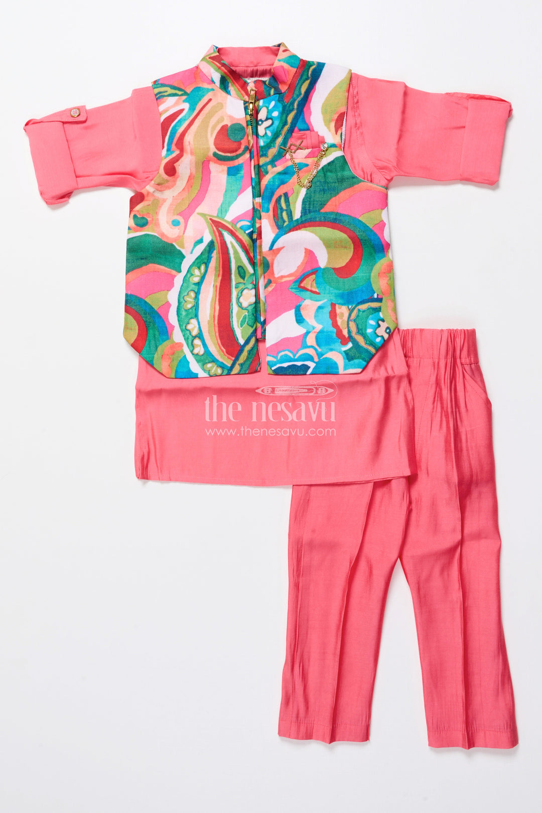 The Nesavu Boys Kurtha Set Boys Kurta Set with Vibrant Printed Jacket for Weddings and Festive Events Nesavu Nesavu boys kurta set vibrant cotton printed jacket weddings celebrations