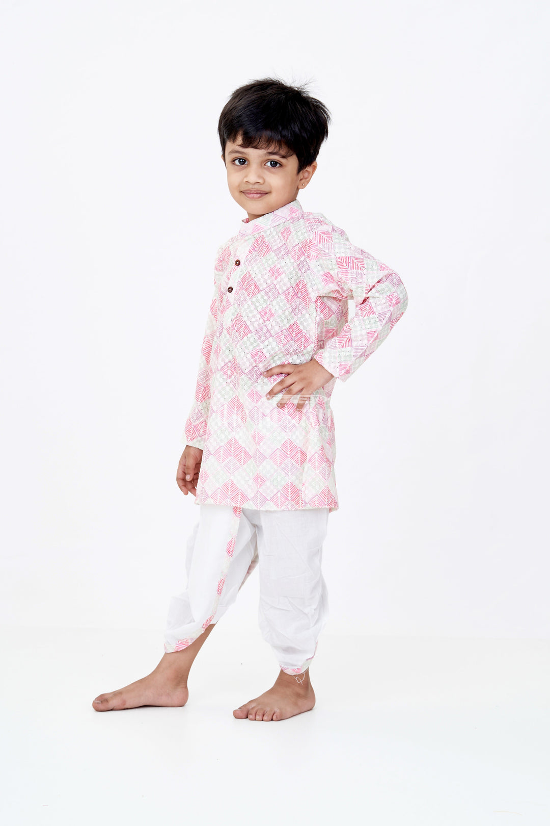 The Nesavu Boys Dothi Set Boys Kurta with Dhoti Pants in Geometric Print Cotton Blend and Contrast White Bottoms Nesavu 12 (3M) / Pink BES666A-12 Boys Geometric Cotton Kurta Dhoti Pants Ethnic Style Vibrant Colors | The Nesavu