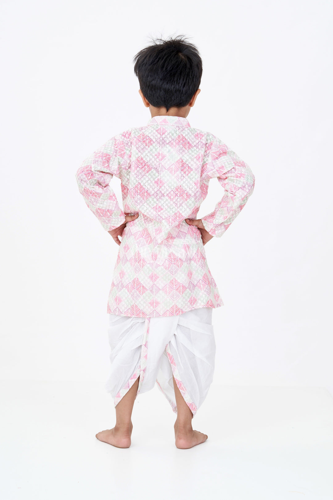 The Nesavu Boys Dothi Set Boys Kurta with Dhoti Pants in Geometric Print Cotton Blend and Contrast White Bottoms Nesavu Boys Geometric Cotton Kurta Dhoti Pants Ethnic Style Vibrant Colors | The Nesavu