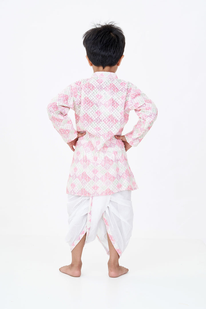 The Nesavu Boys Dothi Set Boys Kurta with Dhoti Pants in Geometric Print Cotton Blend and Contrast White Bottoms Nesavu Boys Geometric Cotton Kurta Dhoti Pants Ethnic Style Vibrant Colors | The Nesavu