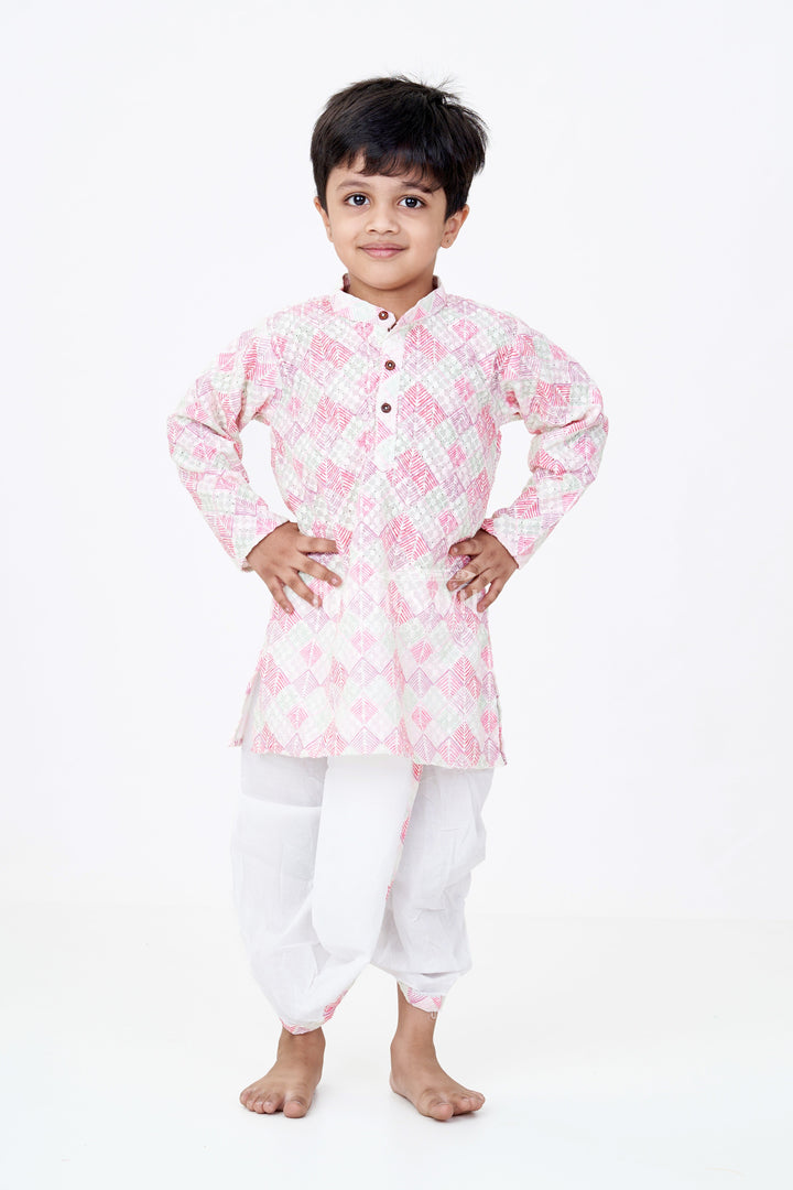 The Nesavu Boys Dothi Set Boys Kurta with Dhoti Pants in Geometric Print Cotton Blend and Contrast White Bottoms Nesavu Boys Geometric Cotton Kurta Dhoti Pants Ethnic Style Vibrant Colors | The Nesavu