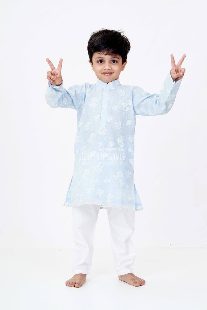 The Nesavu Boys Kurtha Set Boys Kurta with Floral Embroidery and White Pajama for Ethnic Wear Nesavu 14 (6M) / Blue BES634A-14 Boys Kurta Floral Embroidery White Pajama Traditional Wear | The Nesavu