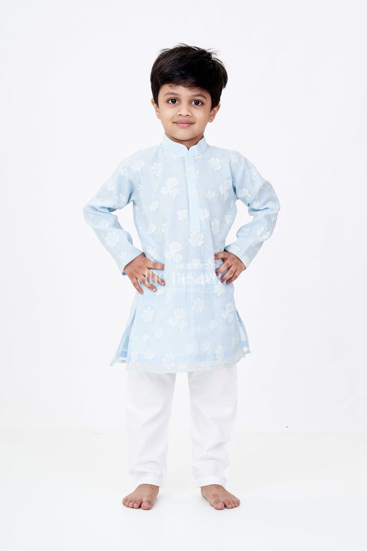 The Nesavu Boys Kurtha Set Boys Kurta with Floral Embroidery and White Pajama for Ethnic Wear Nesavu Boys Kurta Floral Embroidery White Pajama Traditional Wear | The Nesavu
