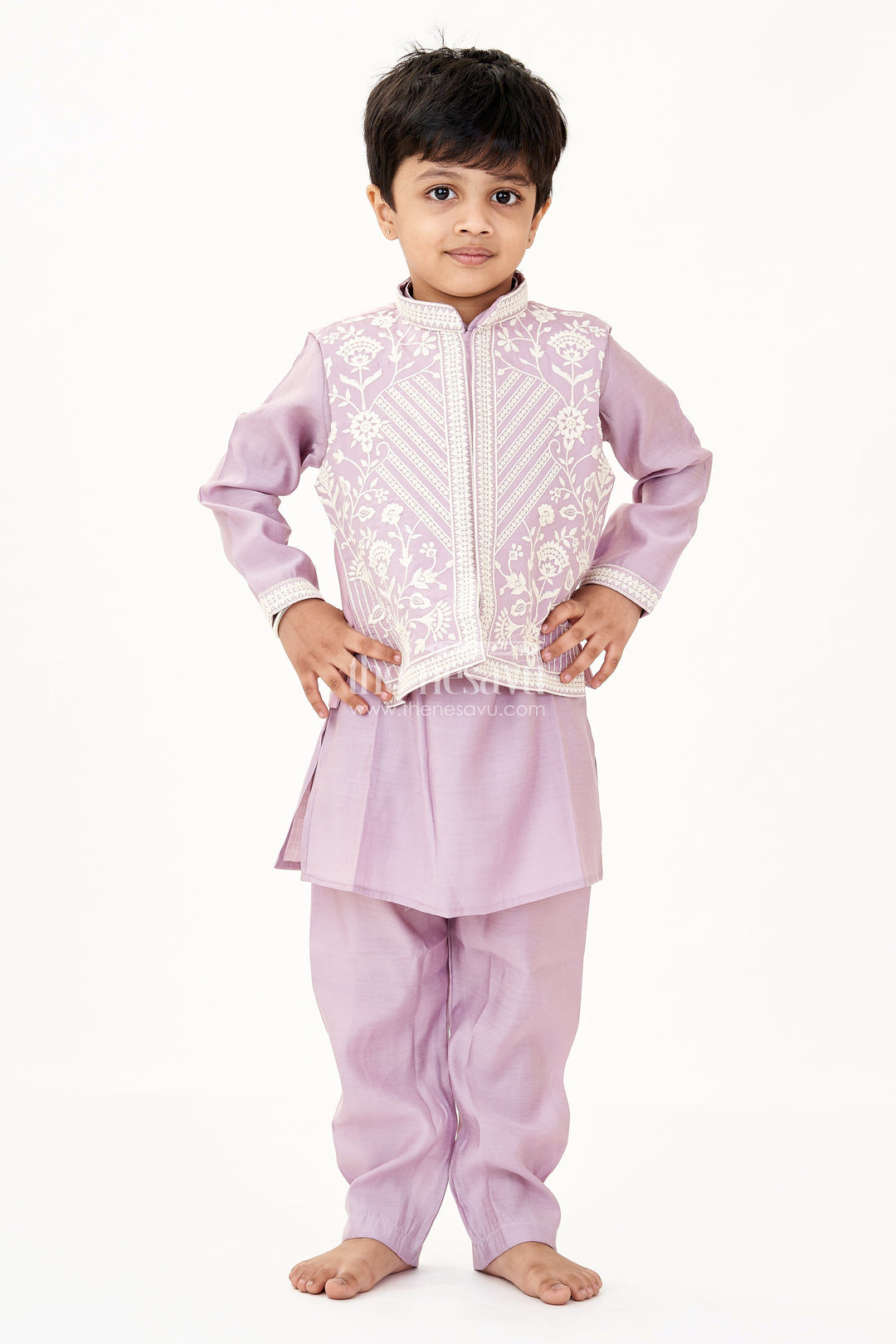 The Nesavu Boys Kurtha Set Boys Kurta with Pocket in Mauve Cotton Blend and Embroidered Thread Work Jacket Nesavu Boys Kurta Pocket Mauve Cotton Blend Thread Embroidered Jacket | The Nesavu