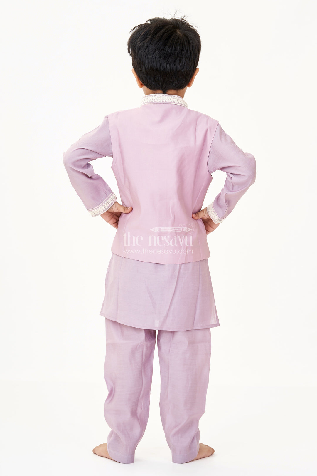 The Nesavu Boys Kurtha Set Boys Kurta with Pocket in Mauve Cotton Blend and Embroidered Thread Work Jacket Nesavu Nesavu Boys Kurta Pocket Mauve Cotton Blend Thread Embroidered Jacket