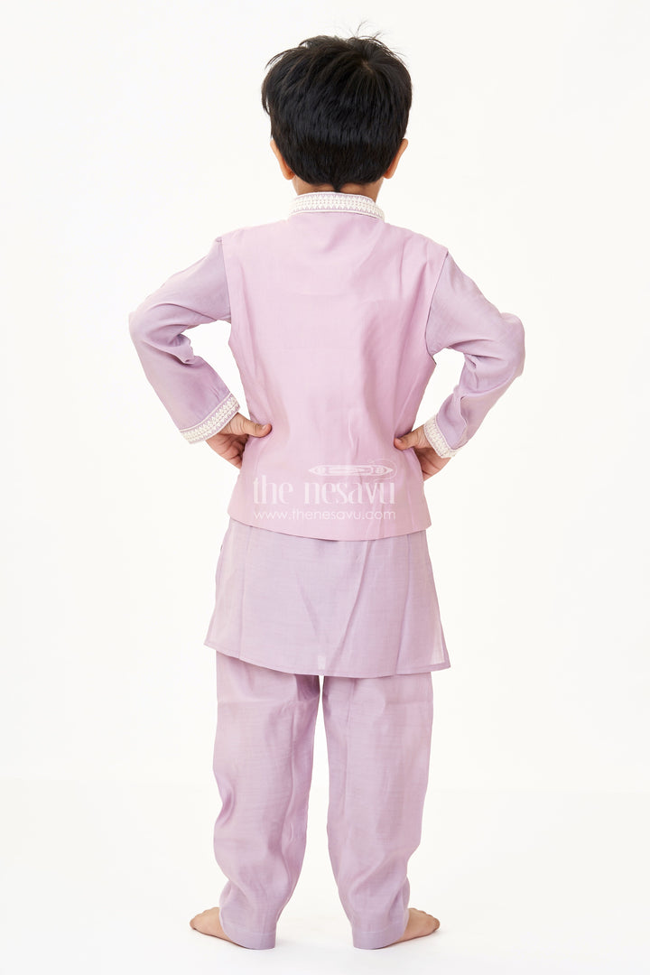 The Nesavu Boys Kurtha Set Boys Kurta with Pocket in Mauve Cotton Blend and Embroidered Thread Work Jacket Nesavu Nesavu Boys Kurta Pocket Mauve Cotton Blend Thread Embroidered Jacket