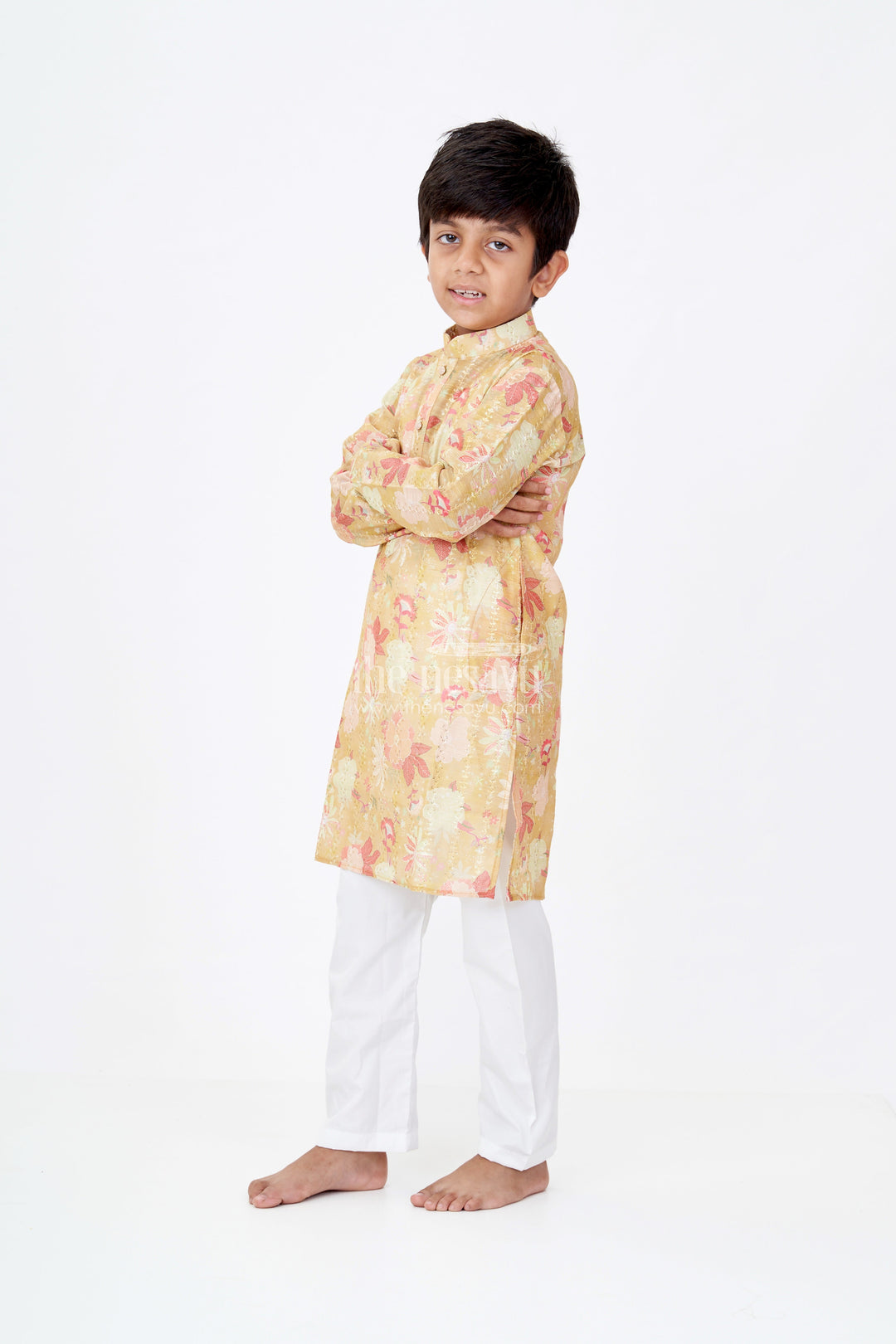 The Nesavu Boys Kurtha Set Boys Kurta Yellow Mustard Set with White Churidar in Silk Cotton and Digital Floral Embroidery Nesavu 20 (3Y) / Green BES675A-20 Boys Yellow Mustard Kurta Set Silk Cotton Floral Digital Embroidery White Churidar | The Nesavu