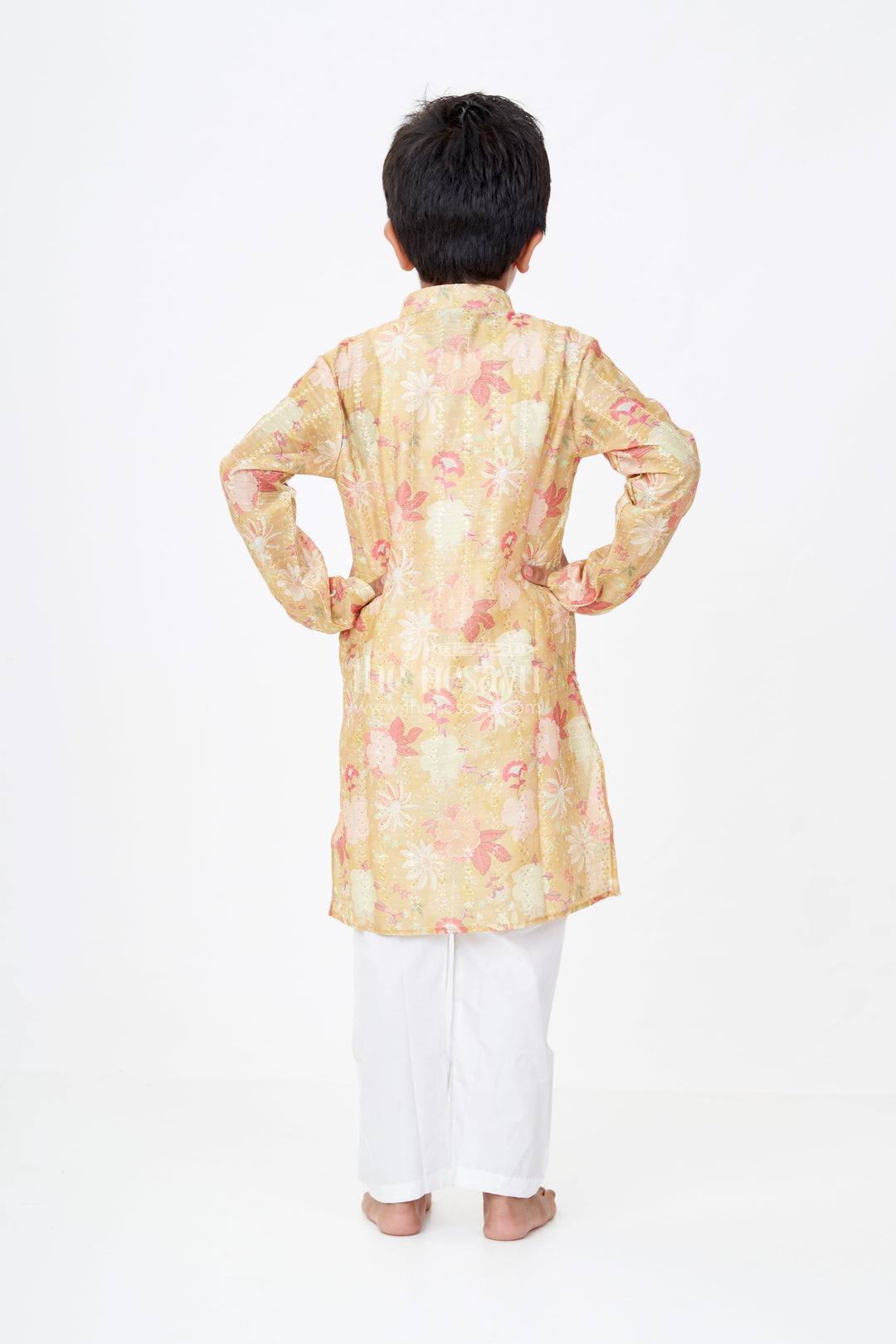 The Nesavu Boys Kurtha Set Boys Kurta Yellow Mustard Set with White Churidar in Silk Cotton and Digital Floral Embroidery Nesavu Boys Yellow Mustard Kurta Set Silk Cotton Floral Digital Embroidery White Churidar | The Nesavu