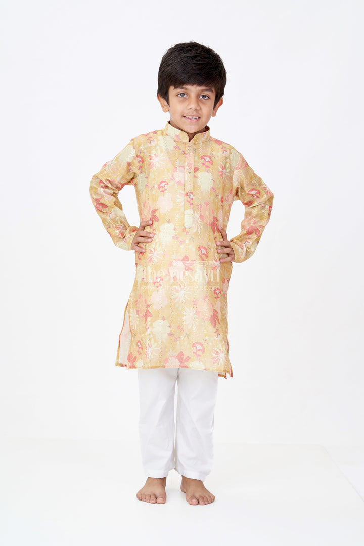 The Nesavu Boys Kurtha Set Boys Kurta Yellow Mustard Set with White Churidar in Silk Cotton and Digital Floral Embroidery Nesavu Boys Yellow Mustard Kurta Set Silk Cotton Floral Digital Embroidery White Churidar | The Nesavu