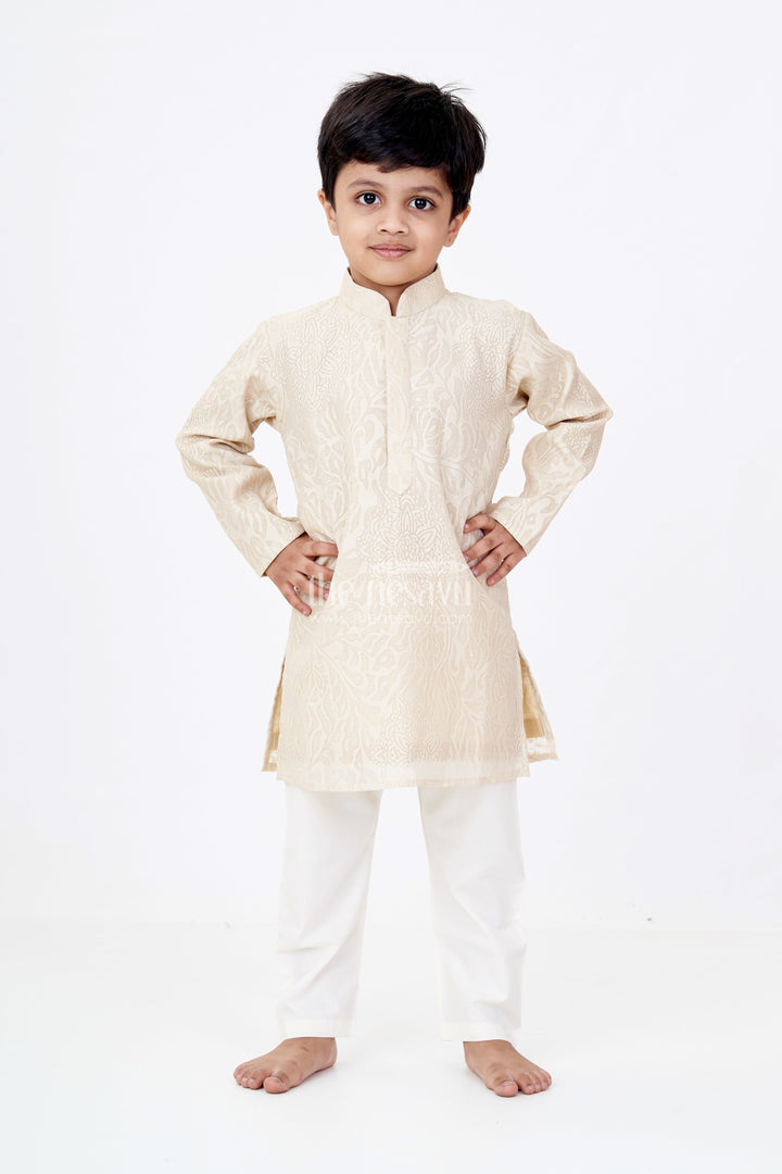 The Nesavu Boys Kurtha Set Boys Kurtas in Brazzo Blended Silk with Traditional Motif Design and White Pajama Nesavu Boys Kurtas Brazzo Blended Silk Traditional Motif Design White Pajama | The Nesavu