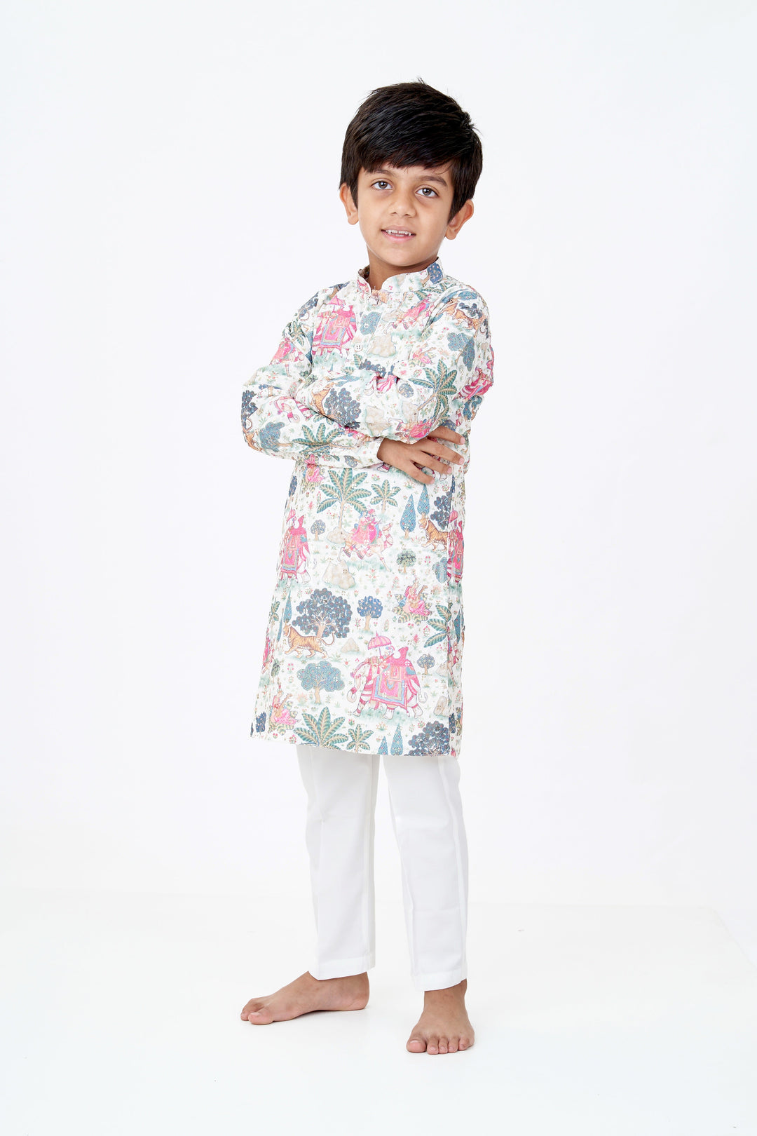 The Nesavu Boys Kurtha Set Boys Kurtha with Story Digital Print and Embroidery for Traditional Festive Wear Nesavu 16 (1Y) / Multicolor BES654A-16 Boys Kurtha Story Digital Print Embroidery Festive Cultural Events | The Nesavu