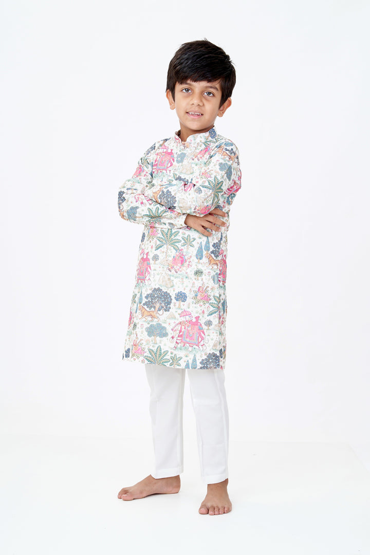 The Nesavu Boys Kurtha Set Boys Kurtha with Story Digital Print and Embroidery for Traditional Festive Wear Nesavu 16 (1Y) / Multicolor BES654A-16 Boys Kurtha Story Digital Print Embroidery Festive Cultural Events | The Nesavu
