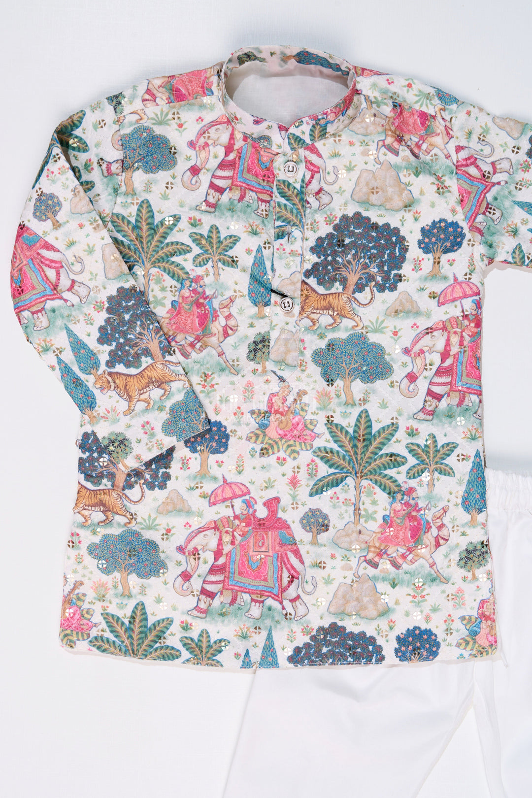 The Nesavu Boys Kurtha Set Boys Kurtha with Story Digital Print and Embroidery for Traditional Festive Wear Nesavu Boys Kurtha Story Digital Print Embroidery Festive Cultural Events | The Nesavu