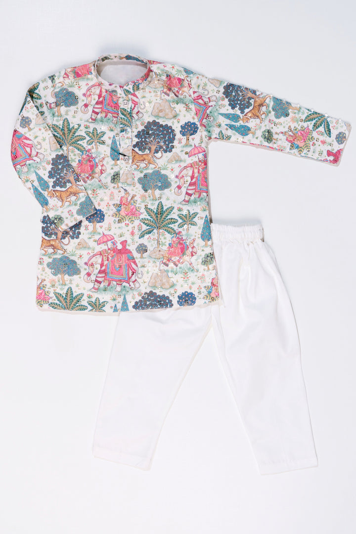 The Nesavu Boys Kurtha Set Boys Kurtha with Story Digital Print and Embroidery for Traditional Festive Wear Nesavu Boys Kurtha Story Digital Print Embroidery Festive Cultural Events | The Nesavu