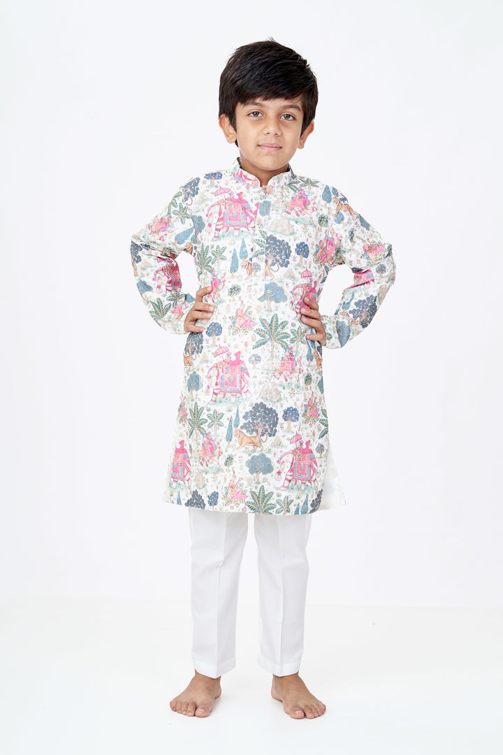 The Nesavu Boys Kurtha Set Boys Kurtha with Story Digital Print and Embroidery for Traditional Festive Wear Nesavu Boys Kurtha Story Digital Print Embroidery Festive Cultural Events | The Nesavu