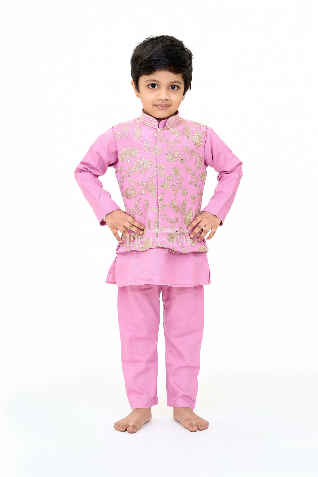 The Nesavu Boys Kurtha Set Boys Lavender Cotton Kurta with Embroidered Jacket and Matching Pants for Festive Wear Nesavu 14 (6M) / Blue BES624C-14 Boys Lavender Cotton Kurta Embroidered Jacket Matching Pants Festive Wear | The Nesavu
