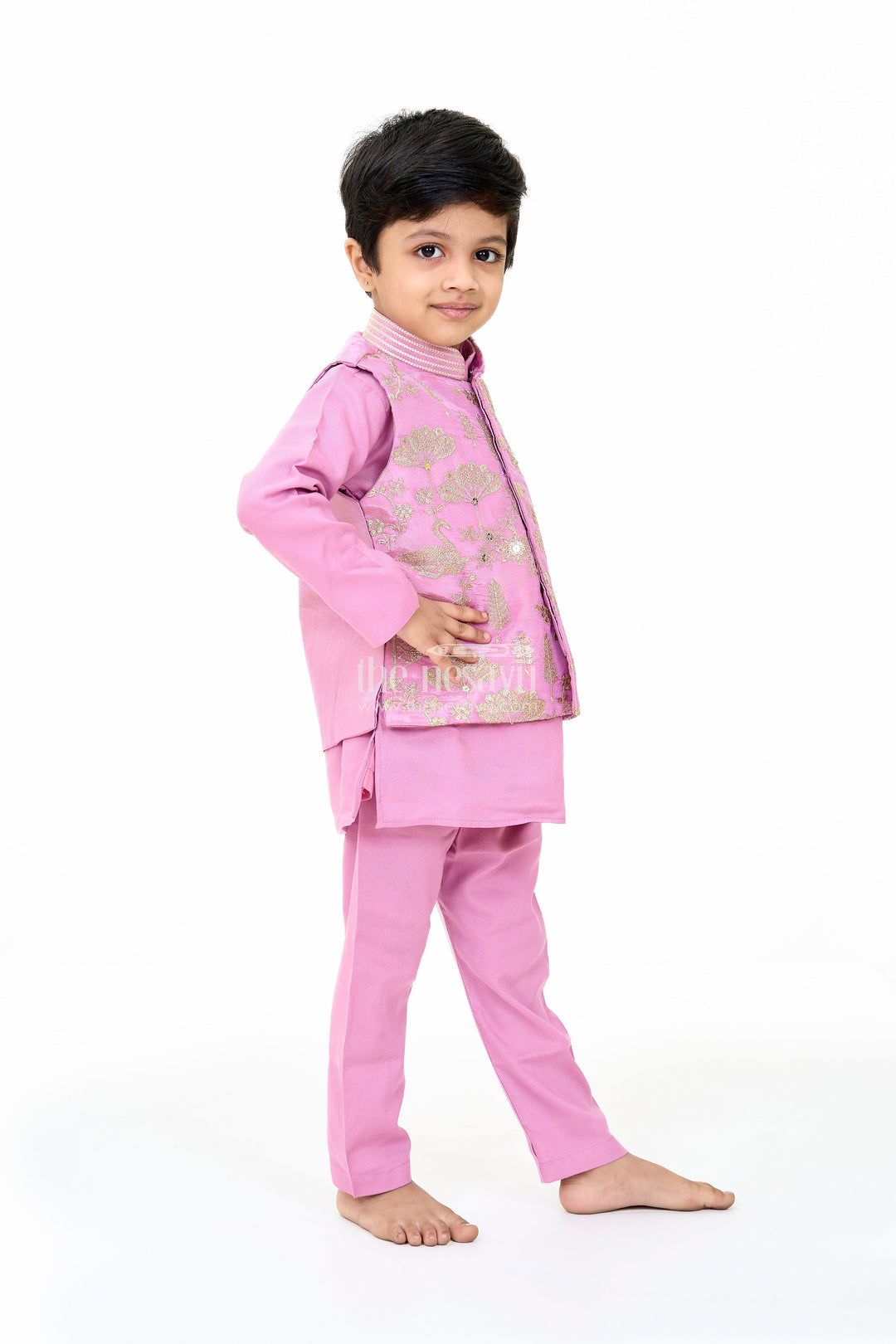 The Nesavu Boys Kurtha Set Boys Lavender Cotton Kurta with Embroidered Jacket and Matching Pants for Festive Wear Nesavu Boys Lavender Cotton Kurta Embroidered Jacket Matching Pants Festive Wear | The Nesavu