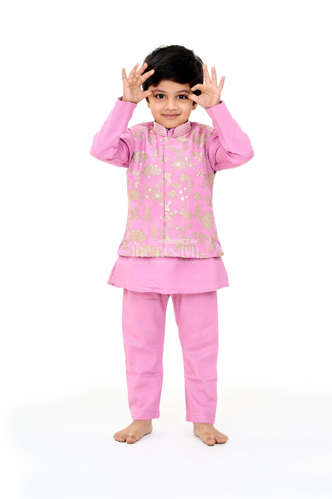 The Nesavu Boys Kurtha Set Boys Lavender Cotton Kurta with Embroidered Jacket and Matching Pants for Festive Wear Nesavu Nesavu Boys Lavender Cotton Kurta Embroidered Jacket Matching Pants Festive Wear