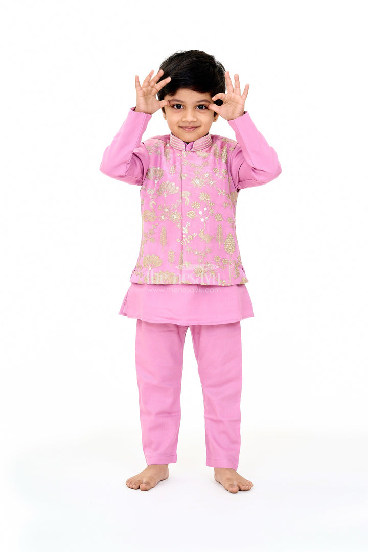 The Nesavu Boys Kurtha Set Boys Lavender Cotton Kurta with Embroidered Jacket and Matching Pants for Festive Wear Nesavu Nesavu Boys Lavender Cotton Kurta Embroidered Jacket Matching Pants Festive Wear