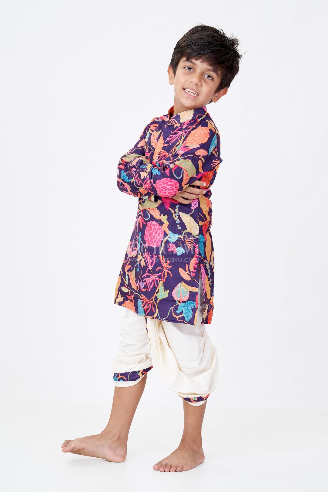 The Nesavu Boys Dothi Set Boys Leaf Design Kurta Dhoti Set in Viscose Cotton Blend with Vibrant Multicolour Digital Print Nesavu 16 (1Y) / Purple BES677A-16 Nesavu Boys Leaf Design Kurta Multicolour Dhoti Set Viscose Cotton Digital Print Detailing